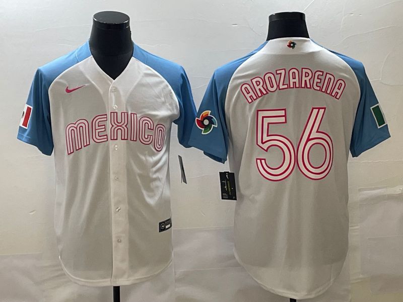 Men 2023 World Cub Mexico 56 Arozarena White blue Nike MLB Jersey24